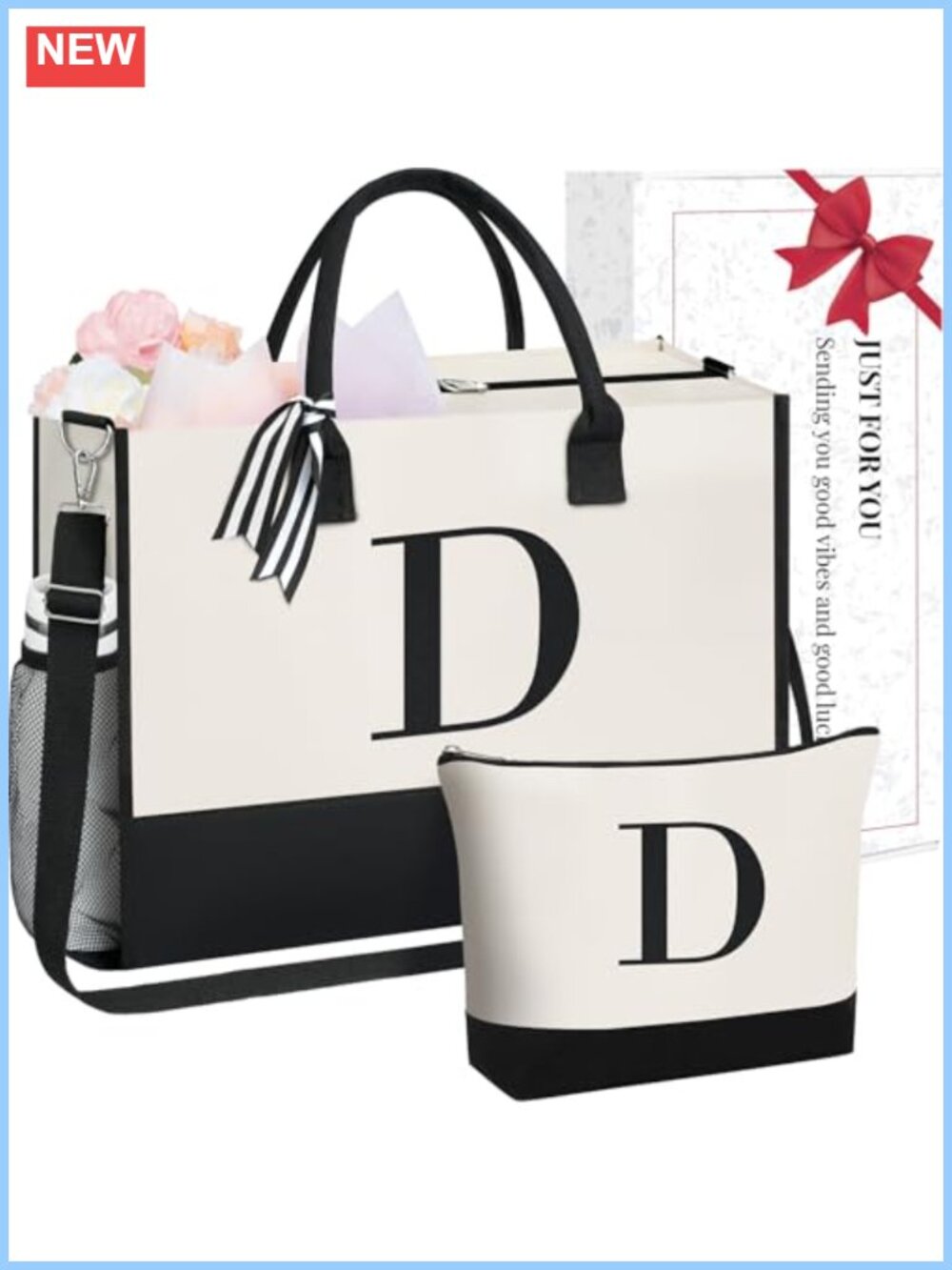 Canvas Jute Tote Bag with Initials and Matching Makeup Bag, Zippered, Shoulder